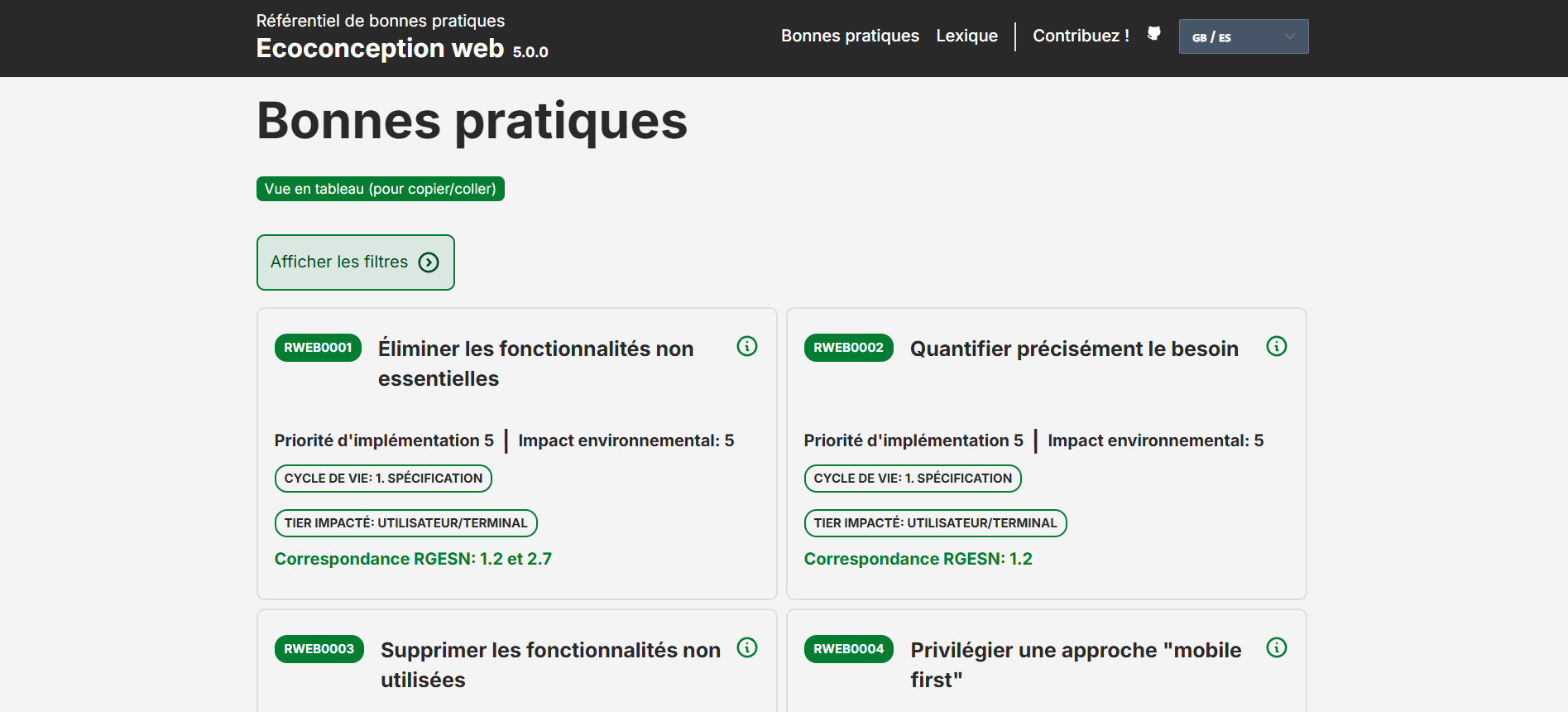 Capture d'écran du site du référentiel RWEB